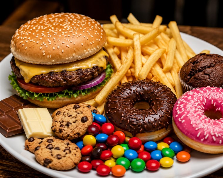 Prato com hambúrguer, batata frita e doces